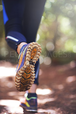 Buy stock photo Shoes, running or person hiking on trail in nature on outdoor adventure to explore in terrain footwear. Athlete, runner or hiker trekking in woods for training, wellness or travel journey for fitness