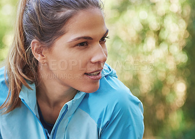 Buy stock photo Woman, runner and thinking on break in woods fitness, training and ready with direction in morning. Person, athlete and outdoor with breathing for exercise, workout and challenge on path in forest