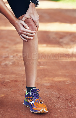 Buy stock photo Knee pain, hands and sports person in training injury, fitness or fatigue for outdoor marathon. Athlete or runner stop running with leg, muscle and bone or joint for workout, race or exercise strain