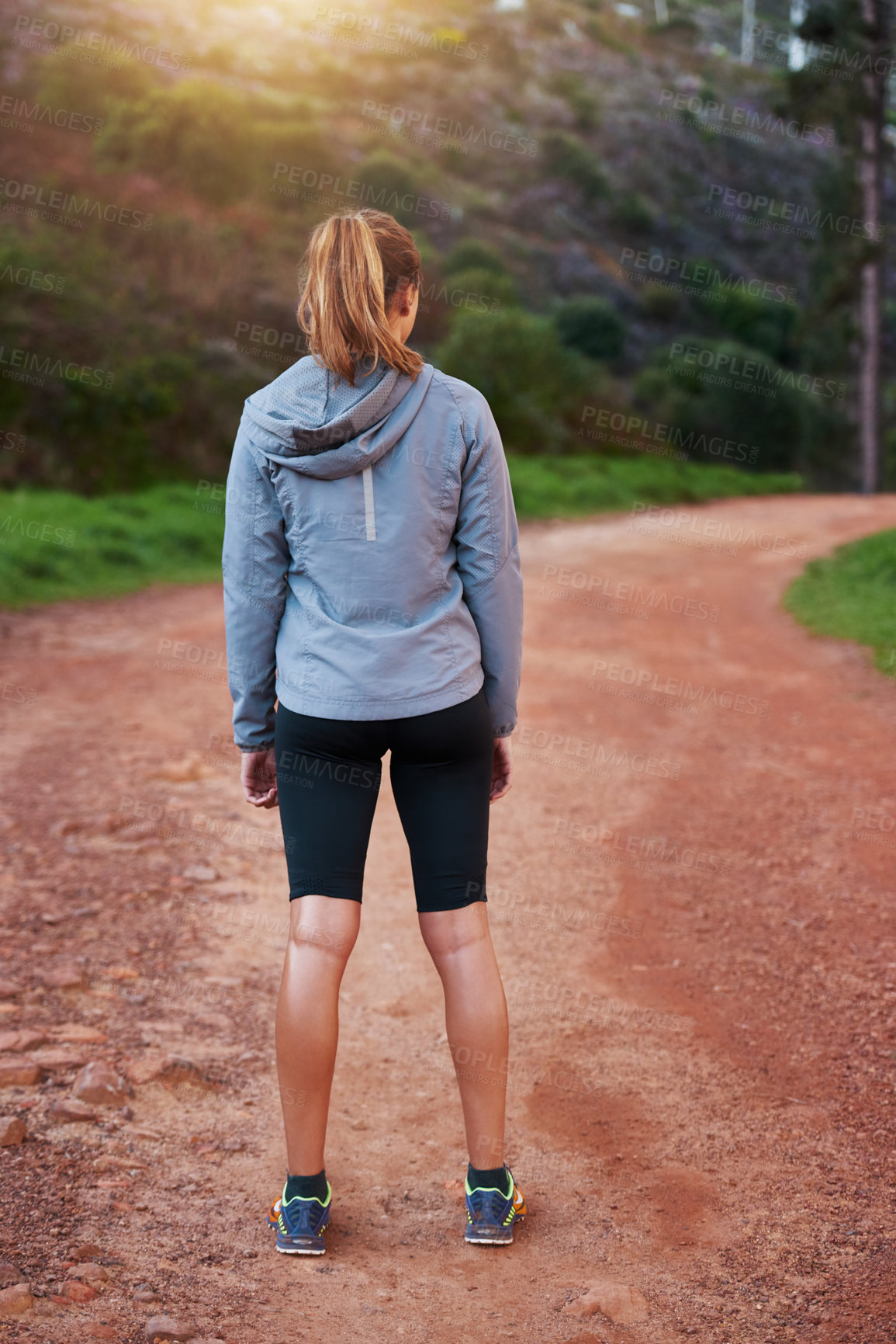 Buy stock photo Fitness, nature and trail with runner woman outdoor from back for start of morning cardio workout. Exercise, forest or mountain and running athlete in wilderness for marathon challenge or training