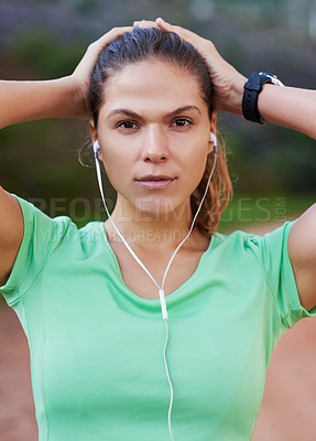 Buy stock photo Runner, portrait and woman listening to music and stretching on rest in exercise or workout in park. Athlete, fitness and girl training in summer and streaming audio with resilience for challenge
