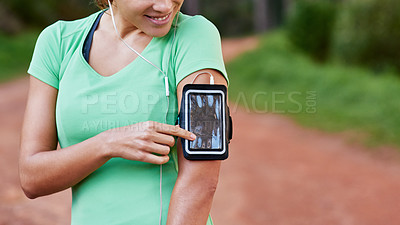 Buy stock photo Woman, phone screen and outdoor running or fitness with health tracker, biometric and streaming music. Runner scroll on mobile app and training with exercise results, progress or heart rate in nature