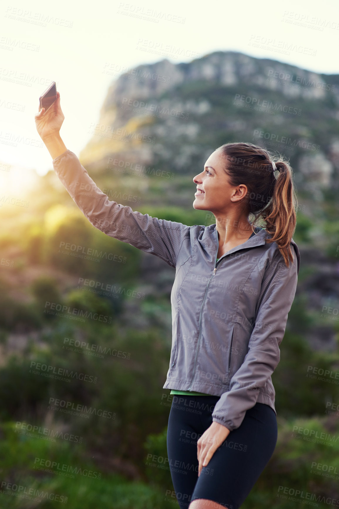 Buy stock photo Hiking, selfie and smile with woman in mountains to capture memory of  exercise, fitness or hobby. Earth, nature and profile picture for social media with happy hiker outdoor in forest wilderness