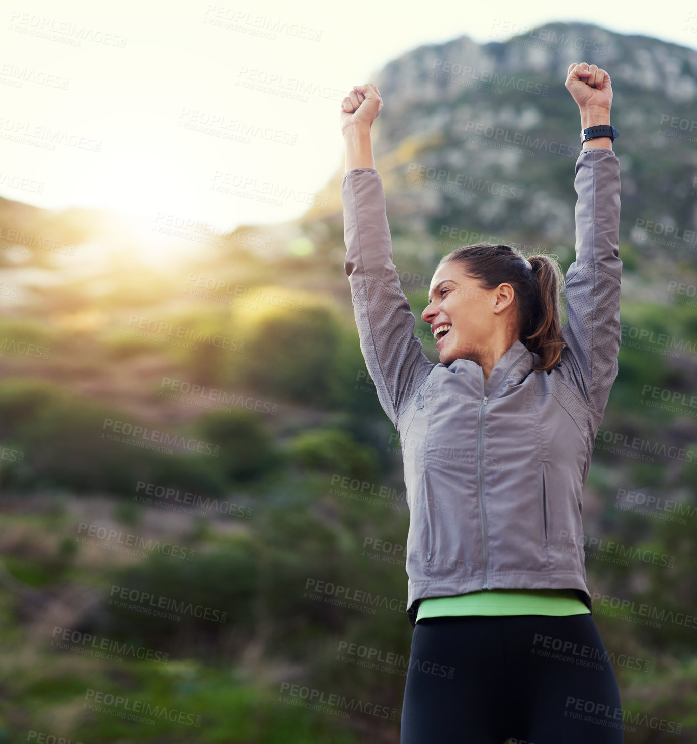 Buy stock photo Woman, success and yes in nature for running goals, exercise and fitness achievement. Excited sports person or runner with arms up, fist and power for winning race, health and wellness on mountains