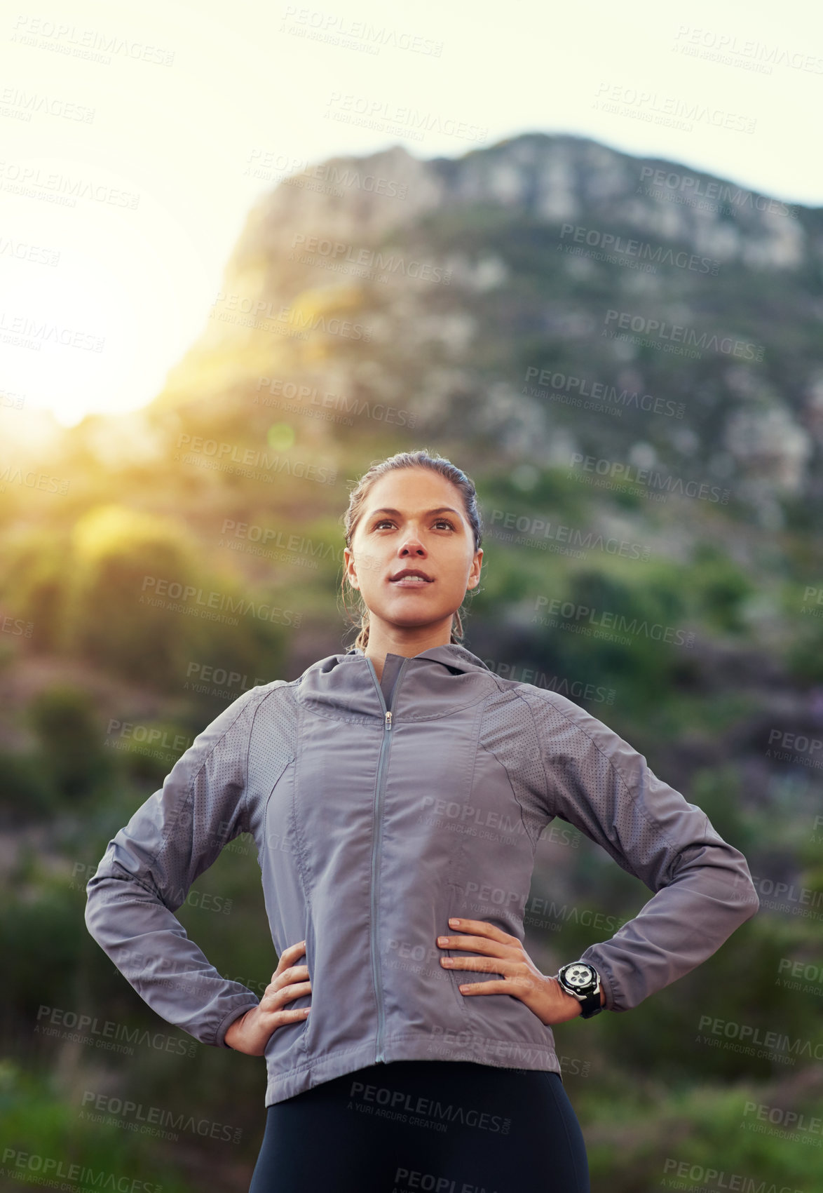 Buy stock photo Woman, runner and confidence in nature for fitness, wellness or ready to race, workout or exercise. Sports person or athlete with vision for marathon, journey and hiking  or training on mountains