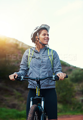 Buy stock photo Thinking, woman and mountain bike in outdoors, fitness and cycling sports for adventure on trail. Person, athlete and bicycle for exercise in nature, workout and training for off road competition