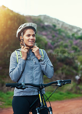 Buy stock photo Helmet, woman and mountain bike in outdoor, fitness and cycling sports for adventure on path. Female person, athlete and bicycle for exercise in nature, workout and training for off road competition