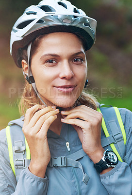 Buy stock photo Portrait, biker and woman with helmet, outdoor and fitness with training, safety and hobby. Face, person and girl with protection, cycling and exercise with practice, recreation and break with gear