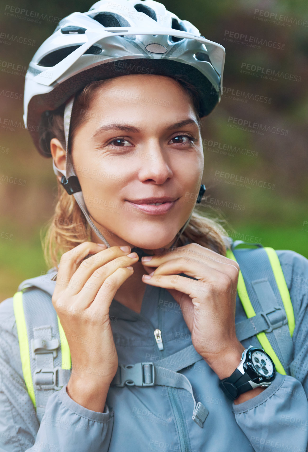 Buy stock photo Portrait, biker and woman with helmet, outdoor and fitness with training, safety and hobby. Face, person and girl with protection, cycling and exercise with practice, recreation and break with gear