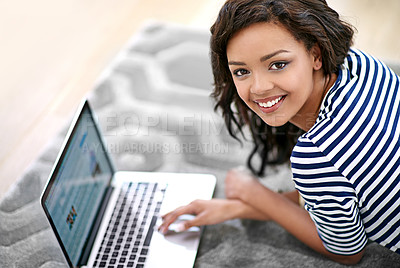 Buy stock photo Laptop, smile and portrait of woman on floor, student and research online in home living room. Technology, desktop and confidence for female learner in house lounge, study and computer for learning