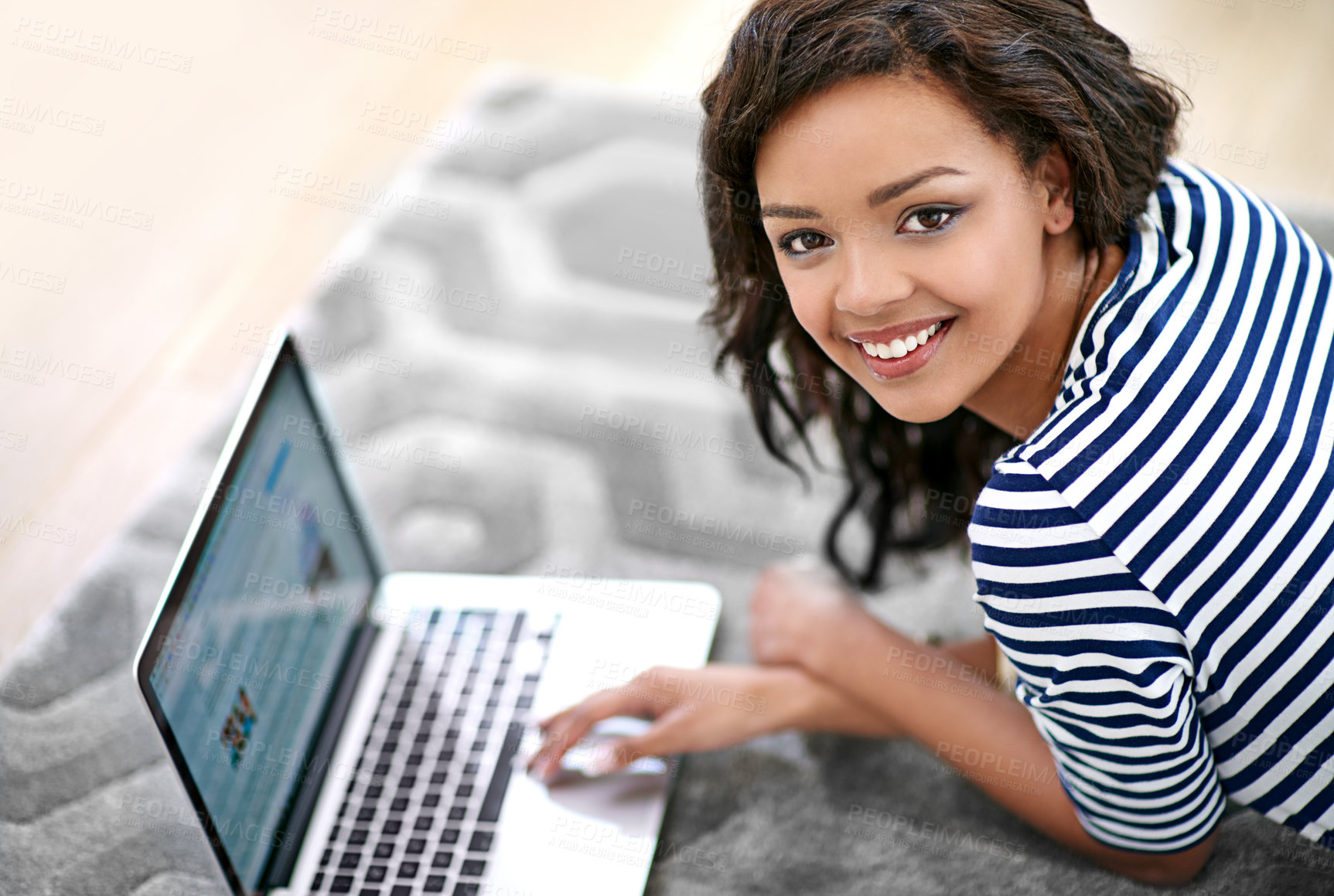 Buy stock photo Laptop, smile and portrait of woman on floor, student and research online in home living room. Technology, screen and confidence for female learner in house lounge, study and computer for learning
