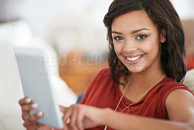 Buy stock photo Reading, ebook and portrait of girl with tablet on sofa to relax on holiday or streaming video on vacation. Online, search and scroll on website with tech in home to watch movies, tv show or film