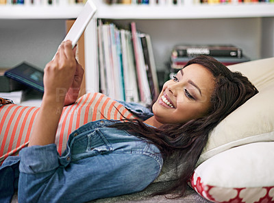 Buy stock photo Black woman, relax and happy on bed with tablet for online entertainment, social media or streaming trending videos. Person, digital technology and internet for connectivity and scroll on website.
