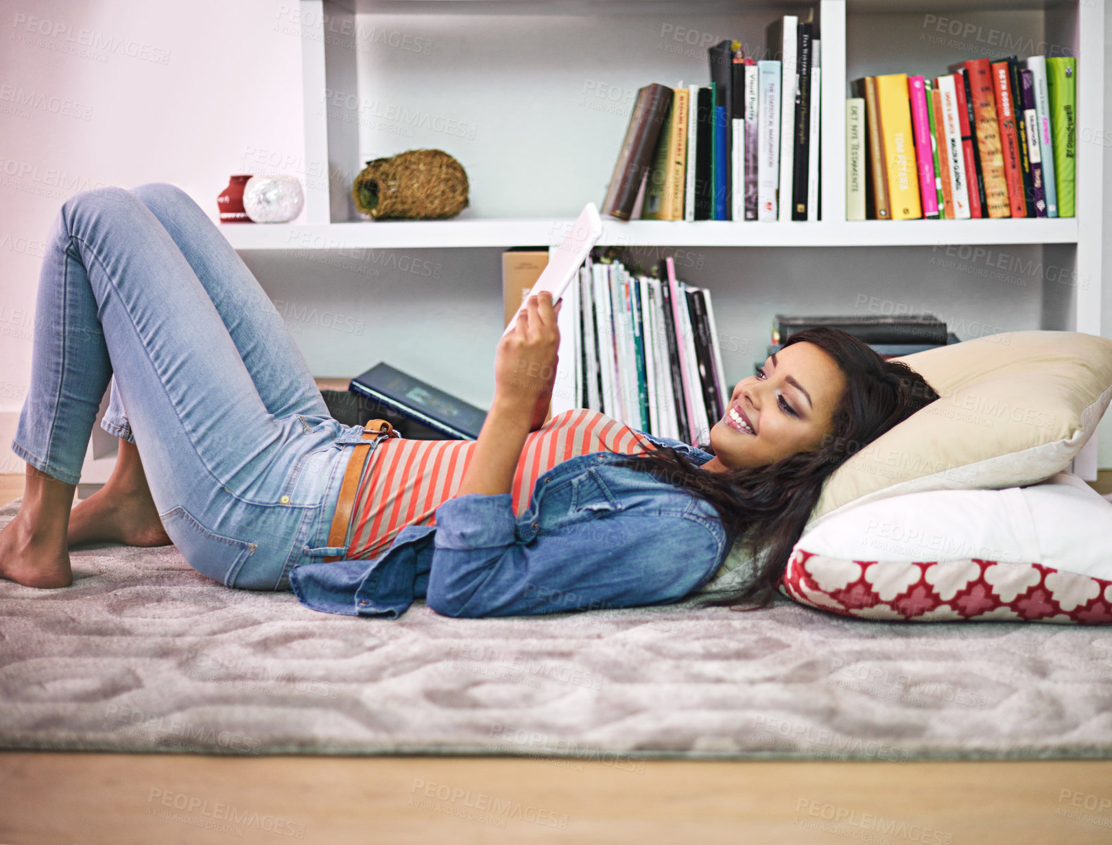 Buy stock photo Black girl, relax and happy on floor with tablet for online entertainment, social media or streaming trending videos. Person, digital technology and internet for connectivity and scroll on website.