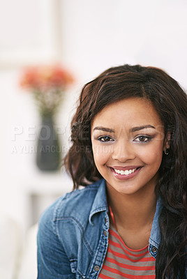 Buy stock photo Relax, home and portrait of black woman with smile for calm morning, break and peace on weekend. Female person, living room and face with happiness for self care, me time and positivity on Sunday