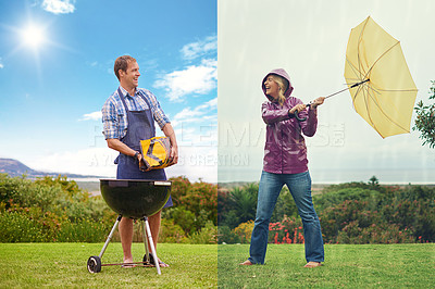 Buy stock photo Composite shot of a man barbequing on a sunny day while a a woman fights against the wind on a rainy day