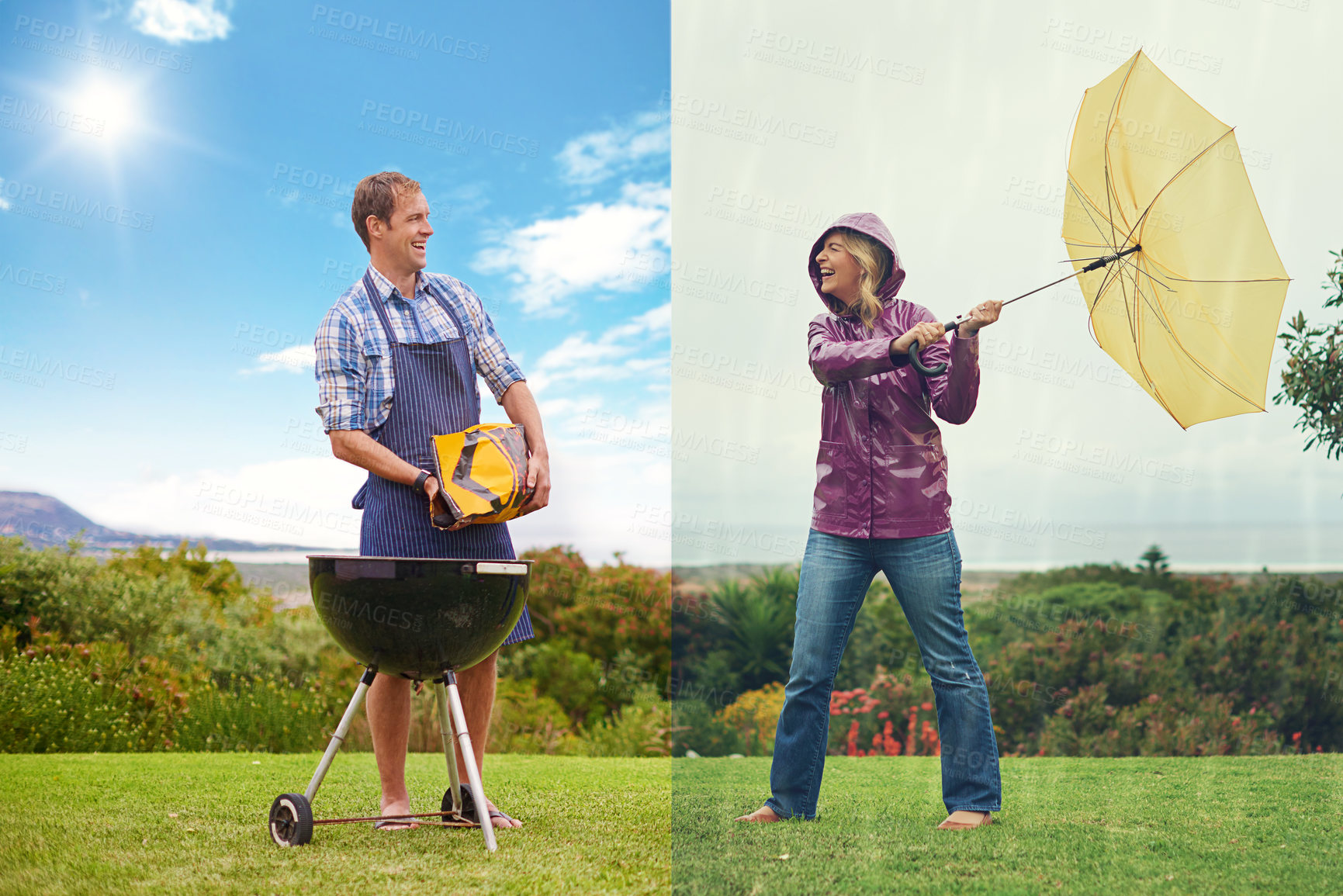 Buy stock photo Composite shot of a man barbequing on a sunny day while a a woman fights against the wind on a rainy day