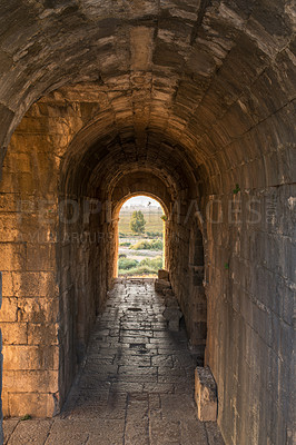 Buy stock photo Building exterior of an old architectural Greek structure, ancient style stone blocks of the Miletus entrance. Texture, patterns and style of an arch and passage leading to the outdoors in Turkey