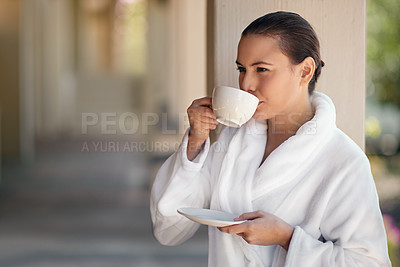 Buy stock photo Walking, smile and woman in hotel, robe and relax in vacation, travel and hospitality in resort in USA. Happy, girl and coffee to drink, luxury and tea for morning, break and getaway for person