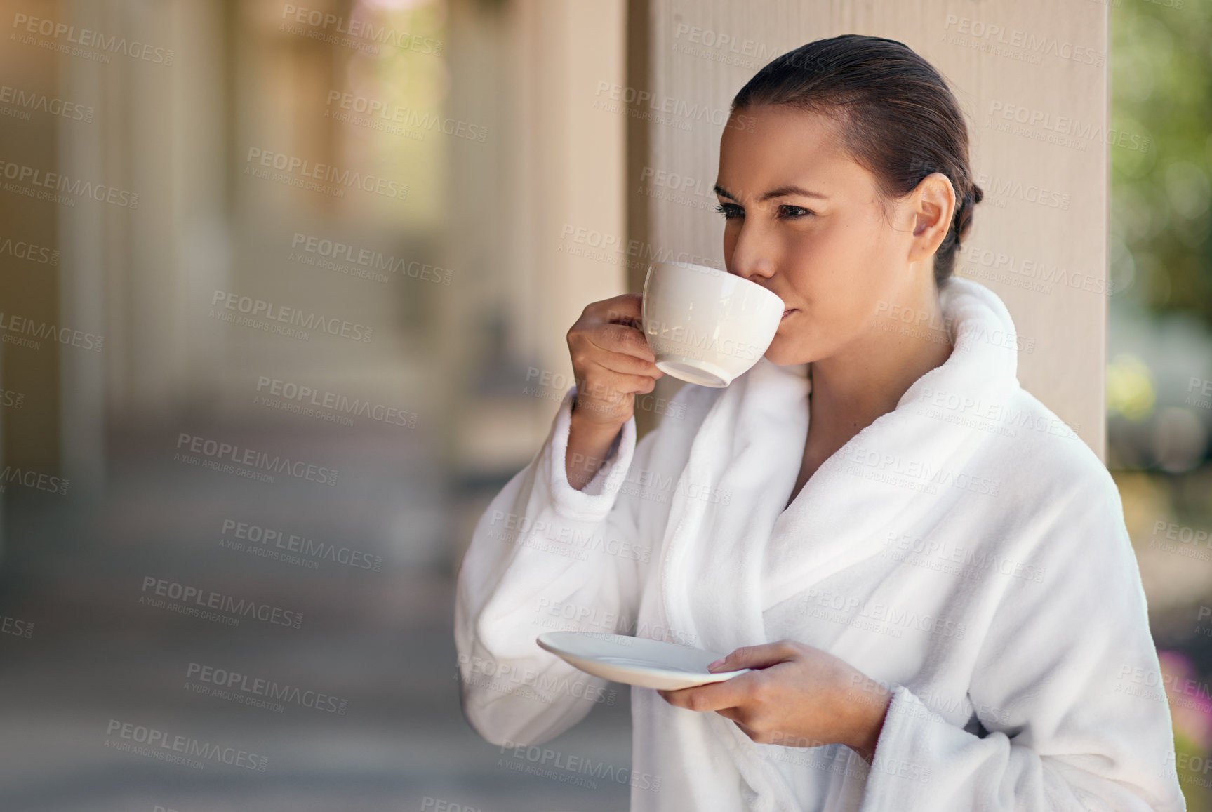 Buy stock photo Walking, smile and woman in hotel, robe and relax in vacation, travel and hospitality in resort in USA. Happy, girl and coffee to drink, luxury and tea for morning, break and getaway for person