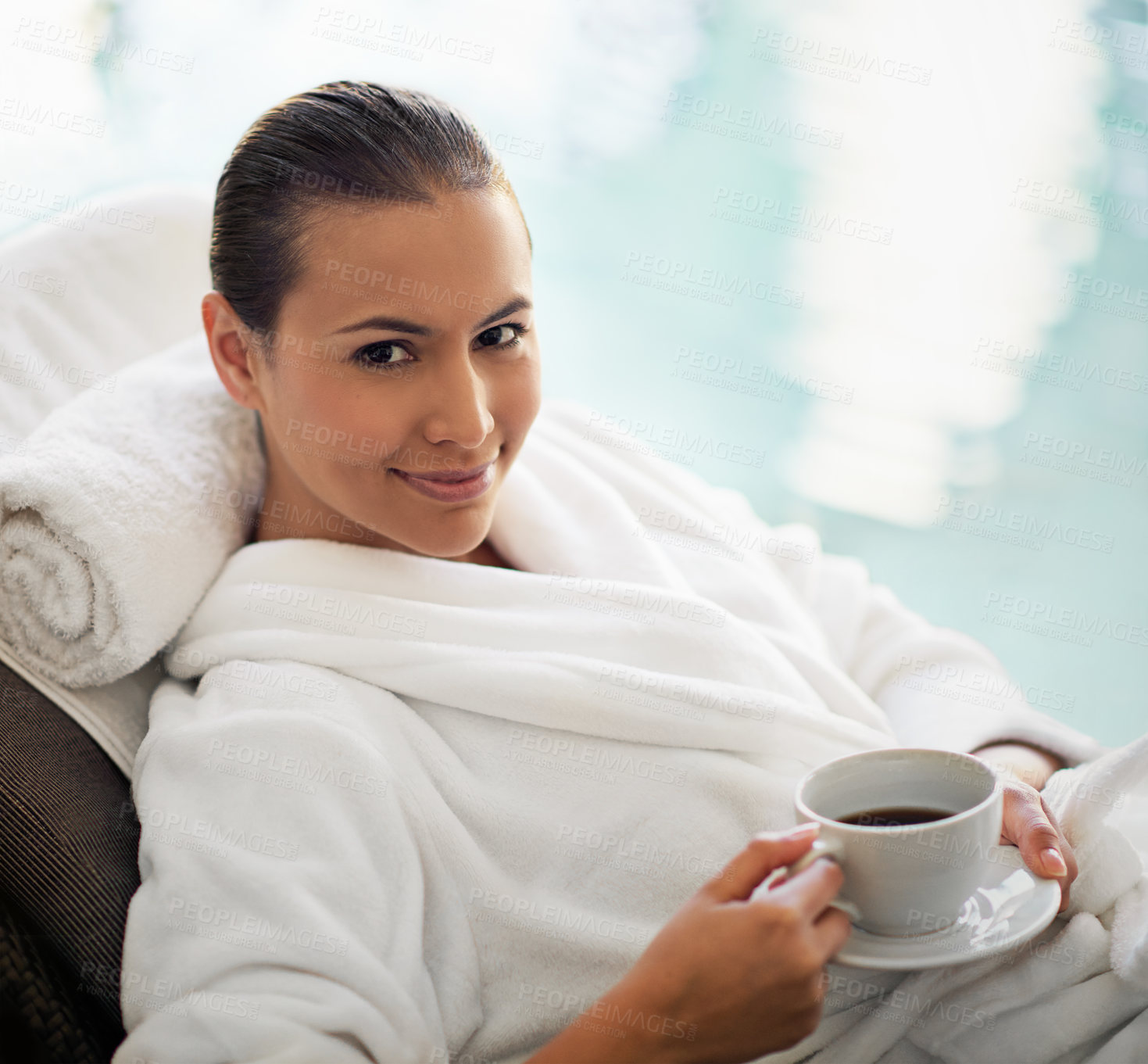 Buy stock photo Shot of a young woman drinking a cup of coffee at the day spa