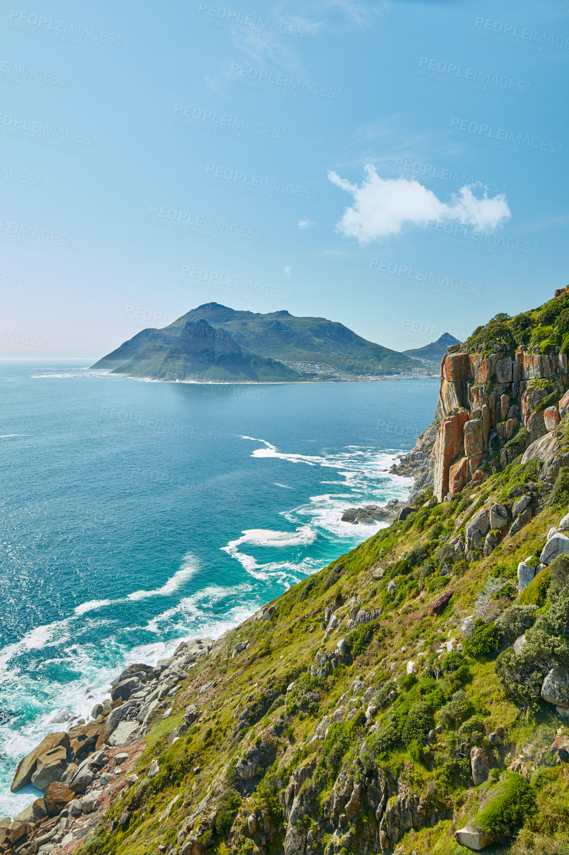 Buy stock photo Mountain, sky and water outdoor in nature for holiday, travel or vacation in green summer. Earth, environment and seascape with ecosystem in wilderness for conservation or sustainability in summer