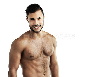 Buy stock photo Studio, athlete and man with abs, portrait and muscle from exercise, workout and gym for fitness. White background, body builder and person with smile, training and practice with results in mockup