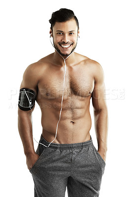 Buy stock photo Studio, sportswear and portrait of man, earphones and muscle from exercise, workout and gym for fitness. White background, body builder and person with headphones, audio and smile for results of abs