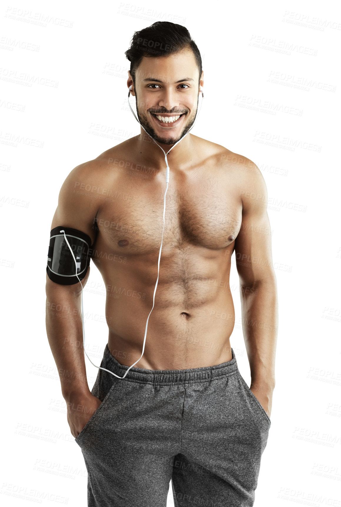 Buy stock photo Studio, sportswear and portrait of man, earphones and muscle from exercise, workout and gym for fitness. White background, body builder and person with headphones, audio and smile for results of abs