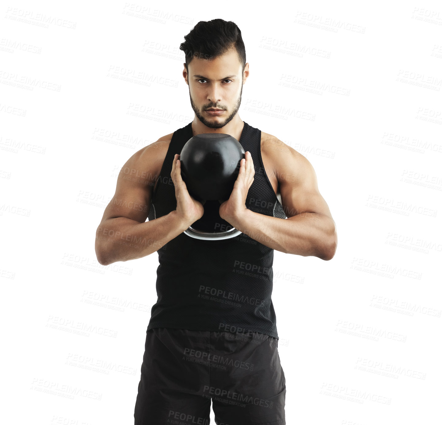 Buy stock photo Sports, kettlebell and portrait of man in studio for exercise with arm strength for muscle training. Fitness, athlete and body builder with workout equipment for weightlifting by white background.