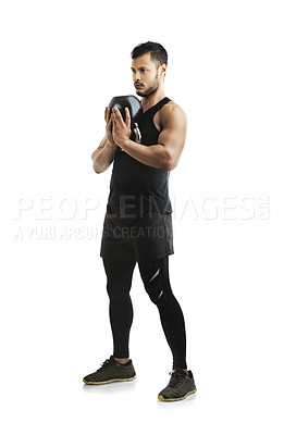 Buy stock photo Fitness, kettlebell and man in studio for workout with arm strength for muscle training. Sports, athlete and male body builder with exercise equipment for weightlifting isolated by white background.