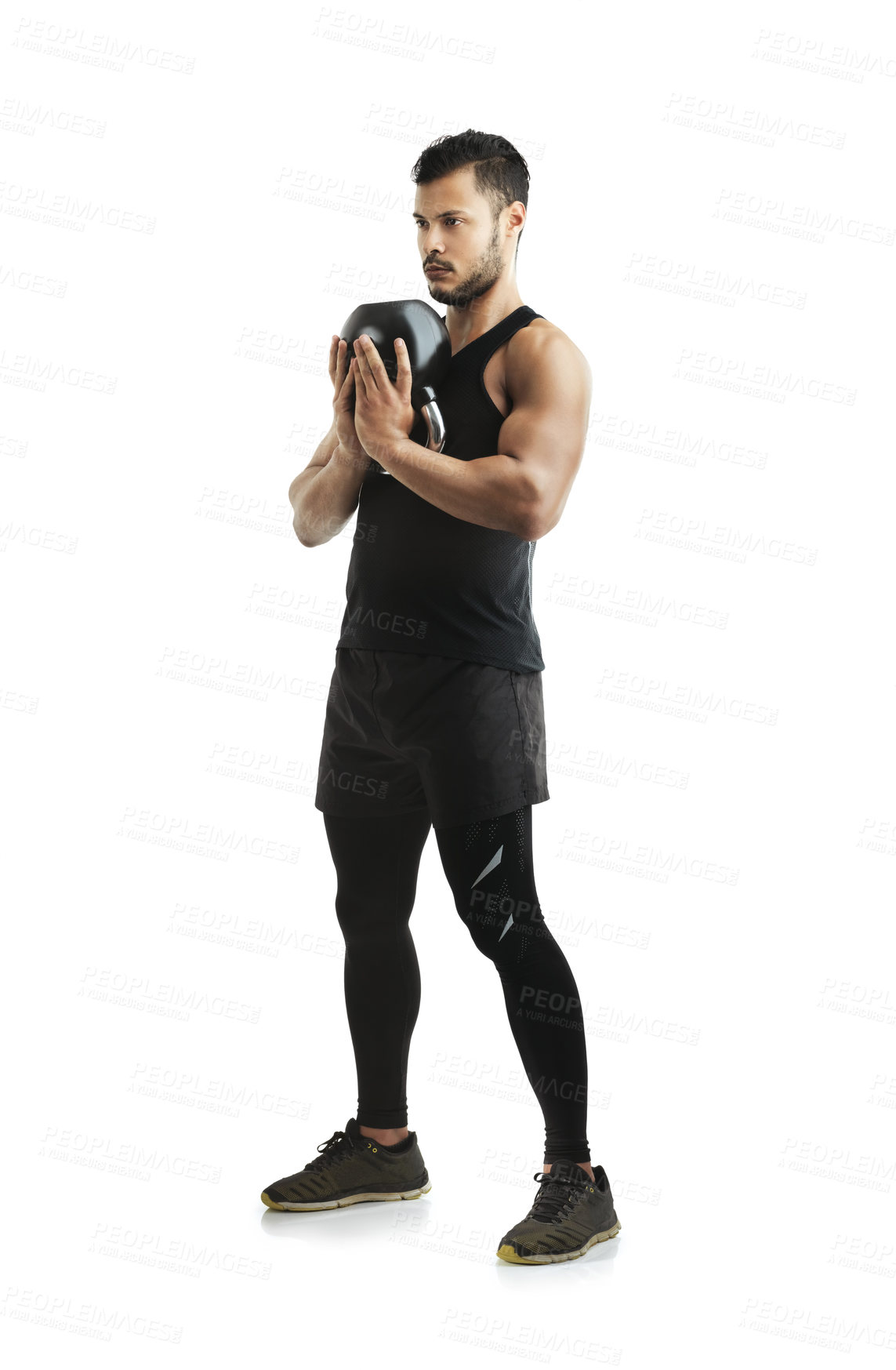 Buy stock photo Fitness, kettlebell and man in studio for workout with arm strength for muscle training. Sports, athlete and male body builder with exercise equipment for weightlifting isolated by white background.