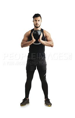 Buy stock photo Fitness, kettlebell and portrait of man in studio for exercise with arm strength for muscle training. Sports, athlete and body builder with workout equipment for weightlifting by white background.