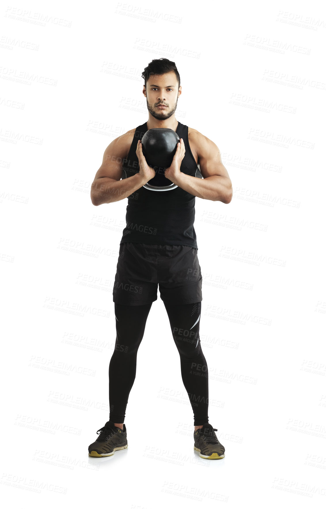 Buy stock photo Fitness, kettlebell and portrait of man in studio for exercise with arm strength for muscle training. Sports, athlete and body builder with workout equipment for weightlifting by white background.