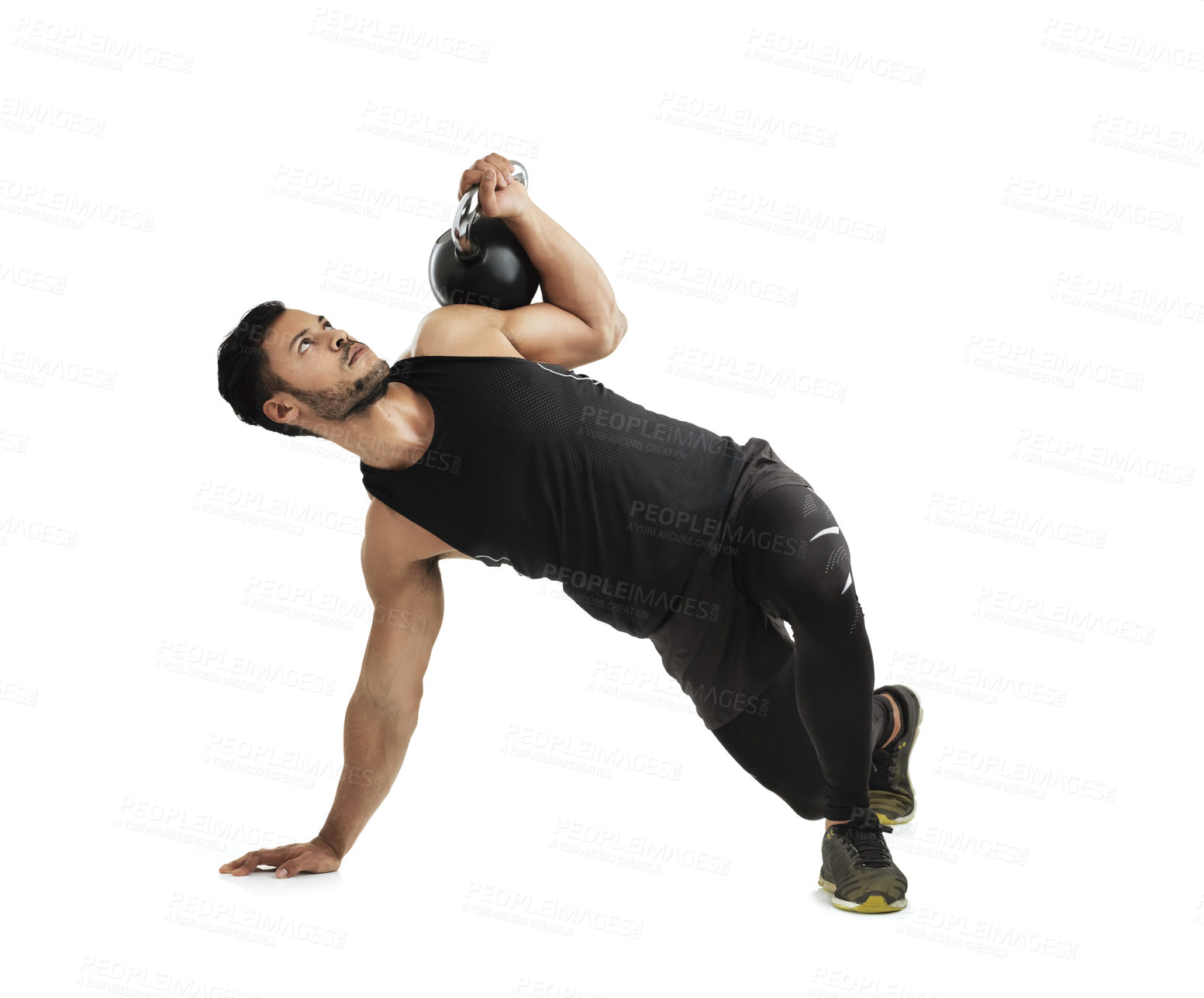 Buy stock photo Training, exercise and man with kettlebell in studio for muscle, workout and healthy body. Gym, strength and person with equipment on floor for fitness, balance and endurance on white background