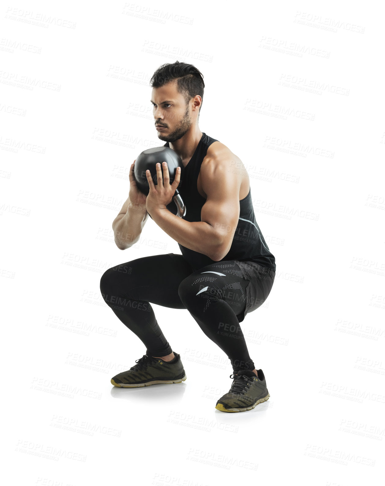 Buy stock photo Fitness, kettlebell and man squat in studio for exercise with arm strength for muscle training. Sports, athlete and body builder with workout equipment for weightlifting isolated by white background.