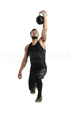 Buy stock photo Man, kettlebell and training in studio with power, lunge and balance for ideas by white background. Person, athlete or bodybuilder with workout, exercise and fitness for healthy muscle development