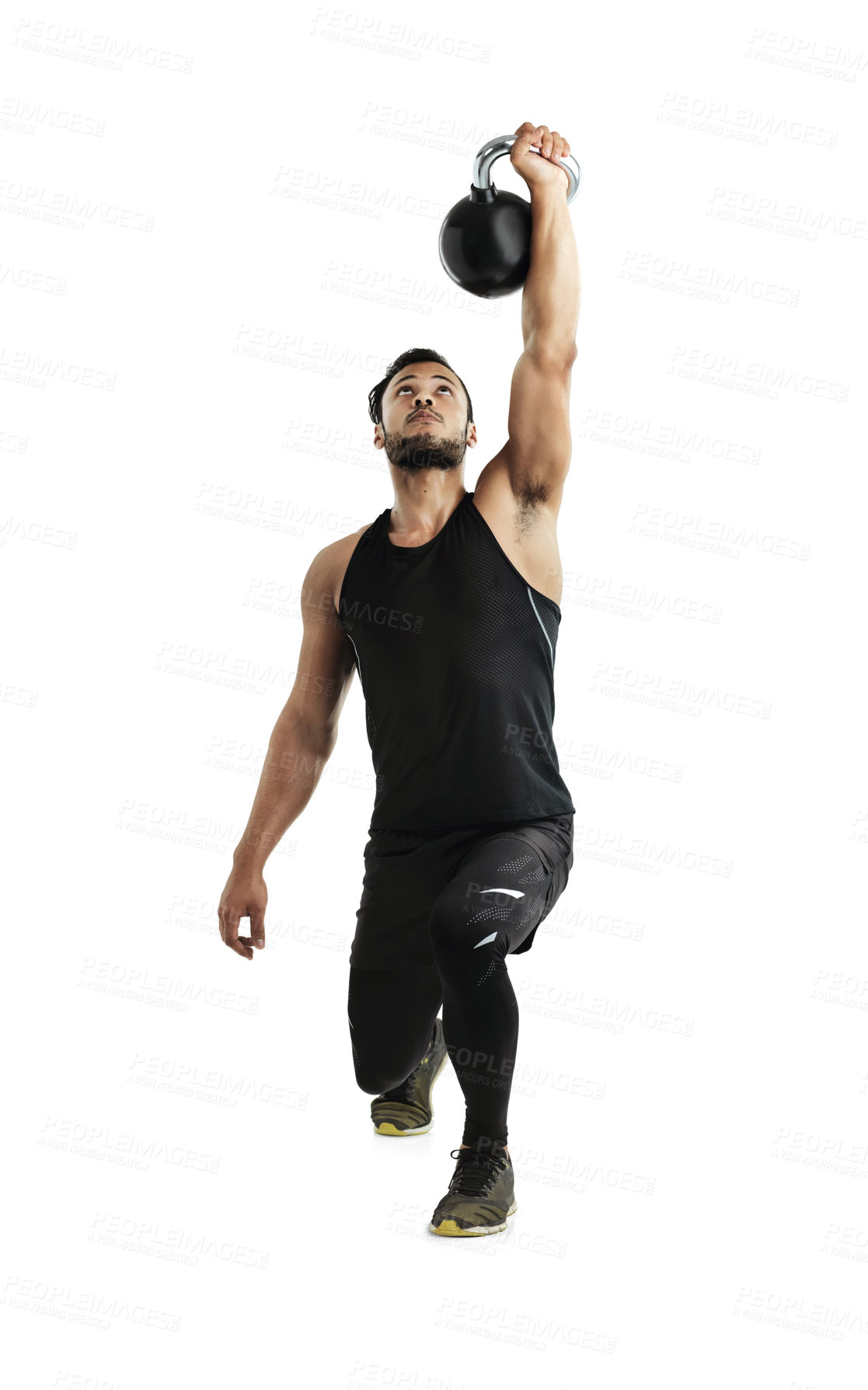 Buy stock photo Man, kettlebell and training in studio with power, lunge and balance for ideas by white background. Person, athlete or bodybuilder with workout, exercise and fitness for healthy muscle development