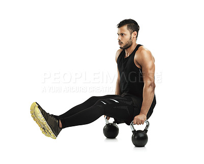Buy stock photo Man, studio and workout with kettle bell for training or wellness, fitness and exercise for bodybuilder. Male athlete, strong body and balance with muscle, white background with gym in New Zealand