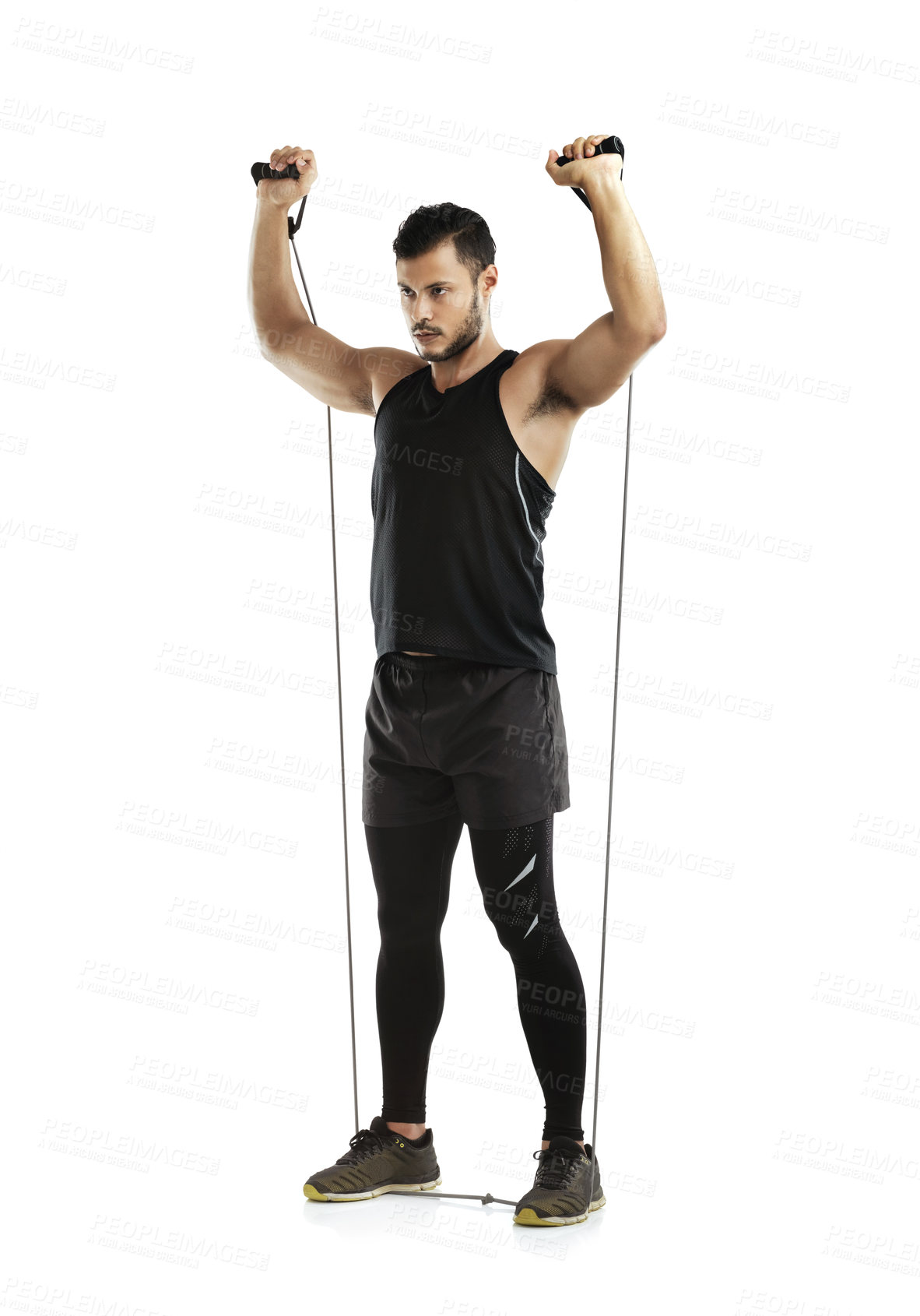 Buy stock photo Man, studio and workout with resistance band for training or wellness, fitness and exercise for bodybuilder. Male athlete, strong body or crossfit for muscle, white background with gym in Australia