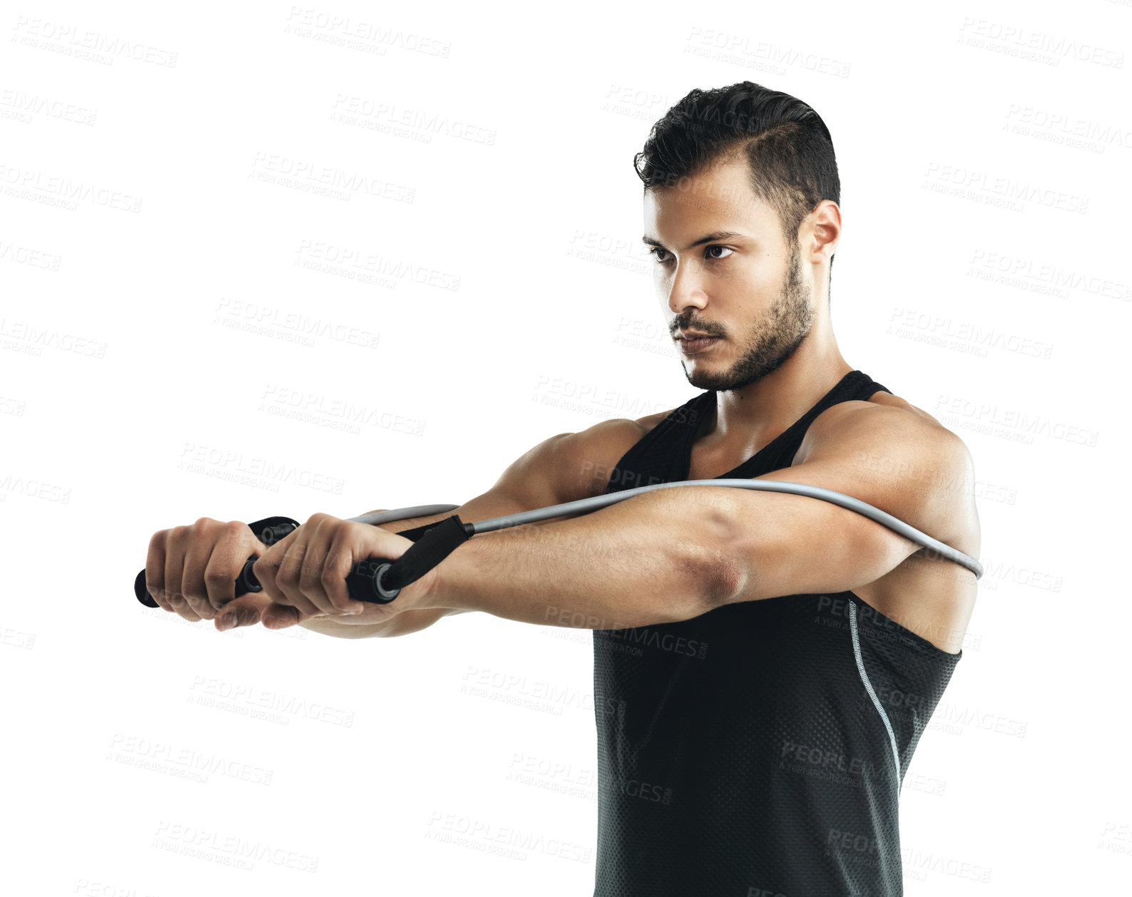 Buy stock photo Fitness, health and man with resistance bands for strength training and muscle endurance in studio. Serious, male person and bodybuilder stretch for rehabilitation exercise and competition recovery