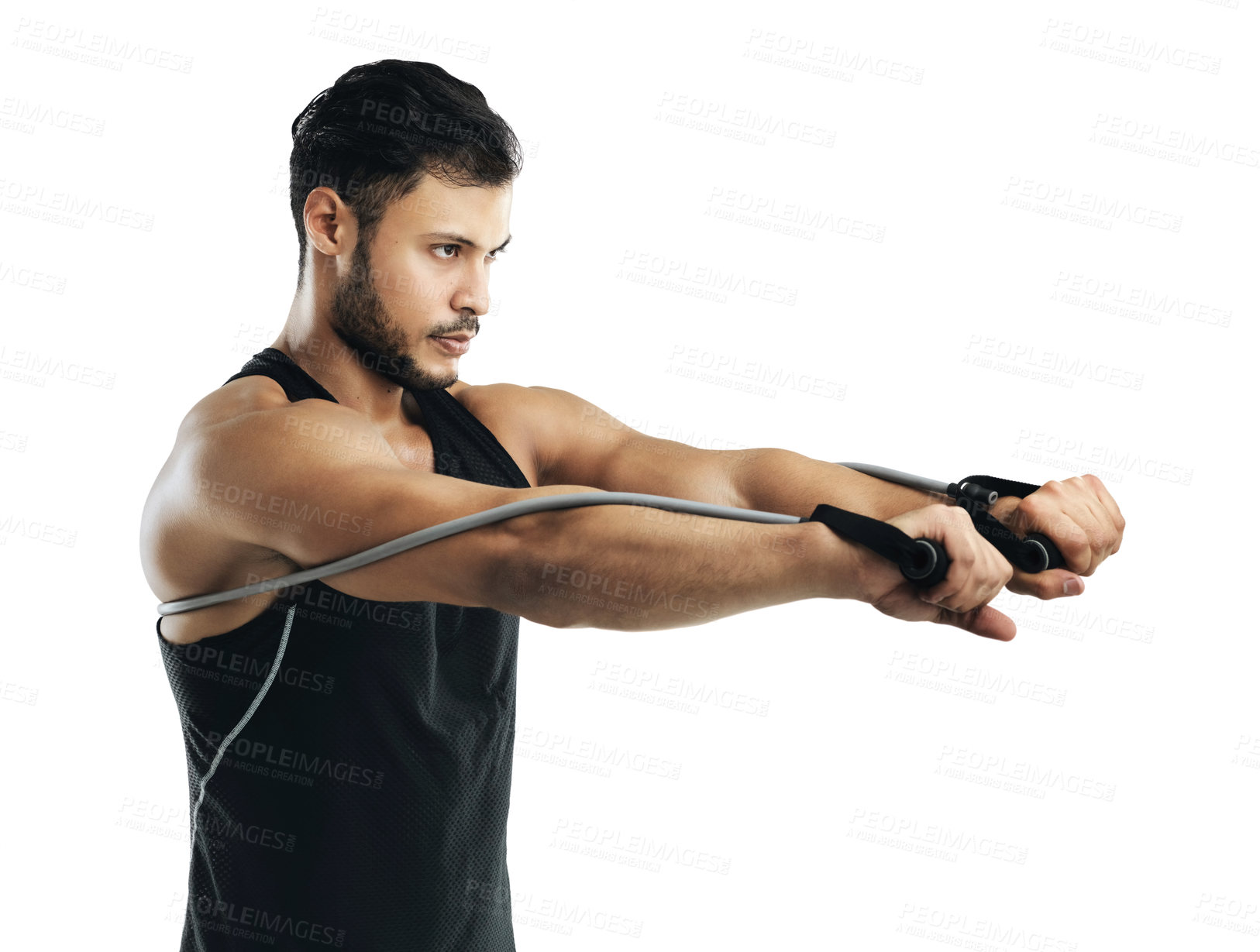 Buy stock photo Fitness, health and man with resistance bands for strength training and muscle endurance exercise in studio. Serious, male person and bodybuilder with rehabilitation and recovery stretching workout