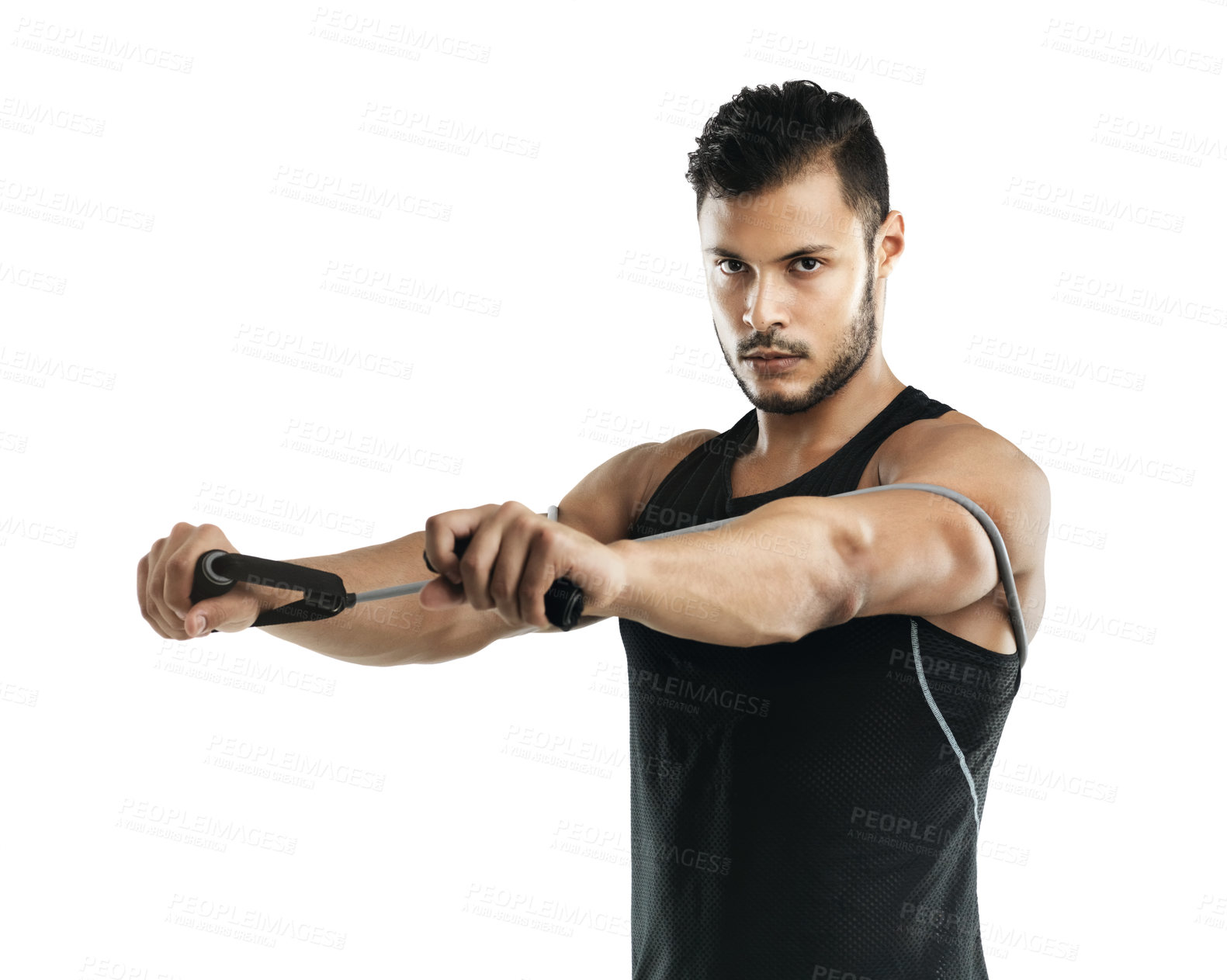 Buy stock photo Portrait, man and resistance band for fitness, exercise or body health wellness isolated on white studio background. Face, sport and strong bodybuilder with elastic for muscle, training or stretching