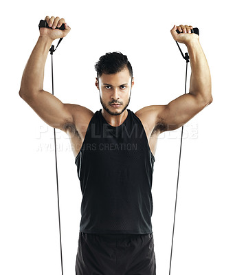 Buy stock photo Fitness, man and health with resistance bands for muscle endurance and rehabilitation isolated in studio. Serious, male person and athlete stretching with equipment for strength training and recovery