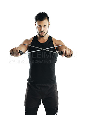 Buy stock photo Portrait, man and resistance band for stretching, exercise or body health fitness isolated on white studio background. Power, sport or strong bodybuilder with elastic for muscle, training or wellness