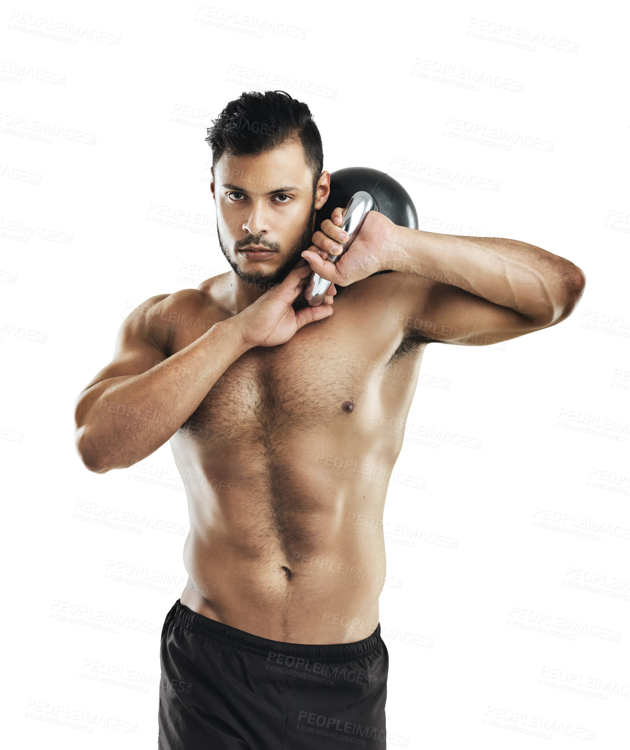 Buy stock photo Man, kettlebell and workout in studio portrait with pride, shirtless and strong by white background. Person, athlete or bodybuilder with exercise, fitness and training for healthy muscle development