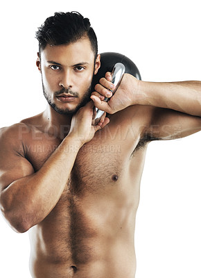 Buy stock photo Man, kettlebell and exercise in studio portrait with pride, shirtless and strong by white background. Person, athlete or bodybuilder with workout, fitness and training for healthy muscle development