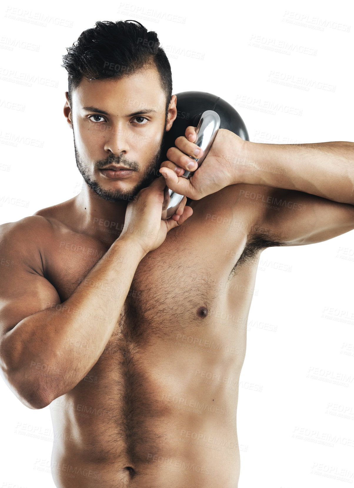 Buy stock photo Man, kettlebell and exercise in studio portrait with pride, shirtless and strong by white background. Person, athlete or bodybuilder with workout, fitness and training for healthy muscle development