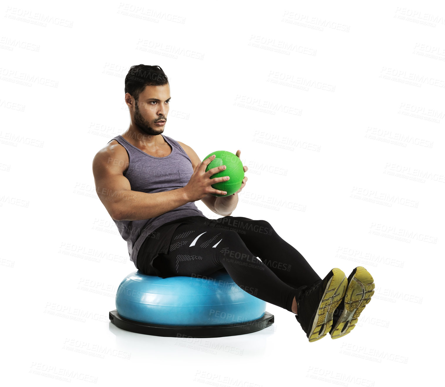 Buy stock photo Man, exercise and medicine ball in studio for strong abdomen, muscle and health by white background. Person, balance and bosu training for stomach, lose weight or workout on floor by mockup space