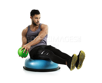 Buy stock photo Man, exercise and medicine ball with twist in studio for abdomen, muscle and health by white background. Person, balance and bosu training for stomach, lose weight or workout on floor by mockup space